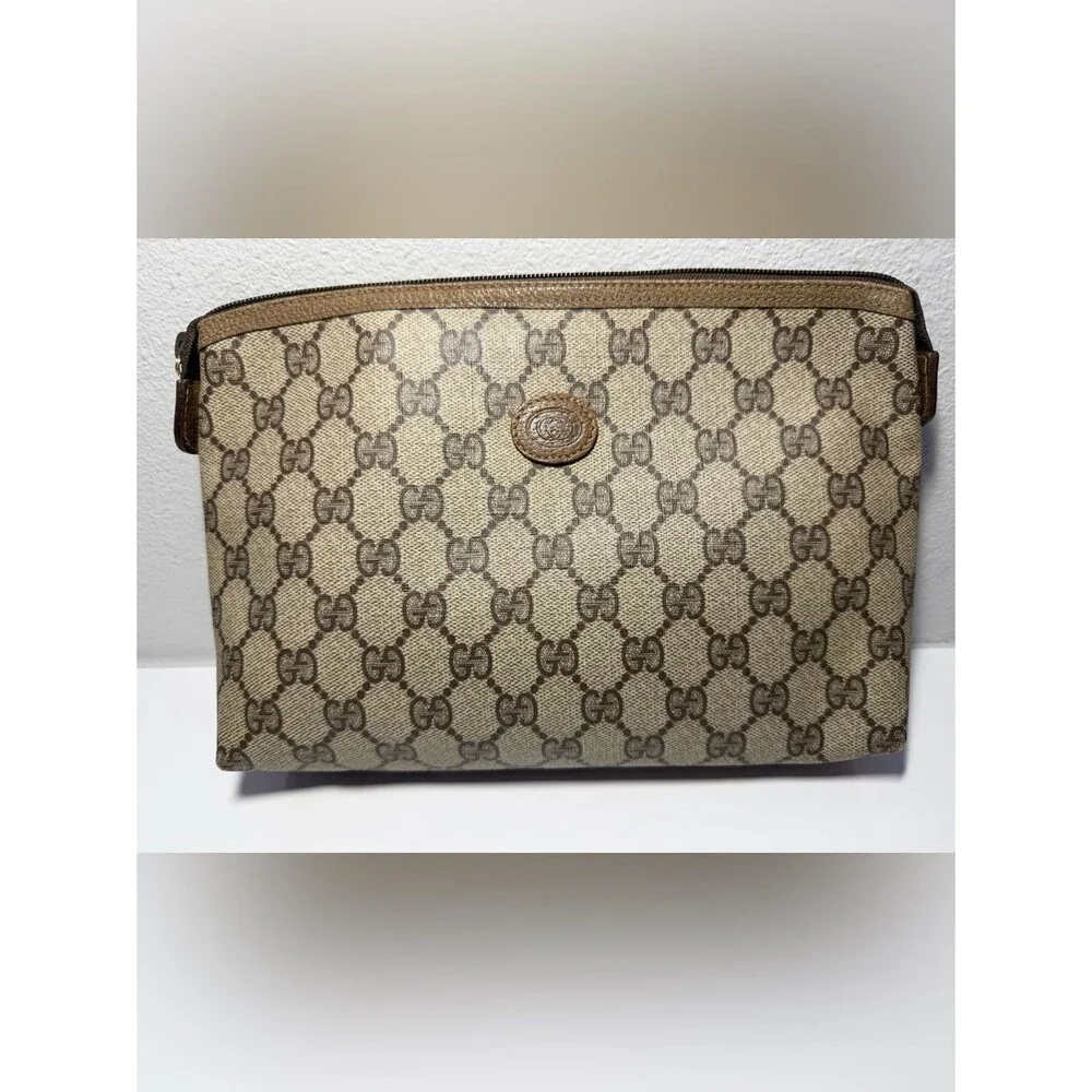 COA included - Gucci Beige Brown GG Canvas Zip Pouch/Clutch